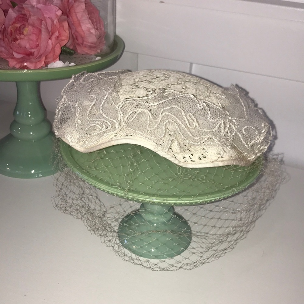 Vintage cream colored lace hat with veil